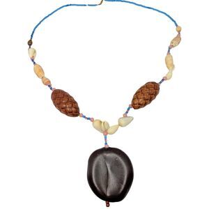Vintage Carved Tribal Necklace 26" Bombona, Glass, Shells,Carved Bohemian Chunky
